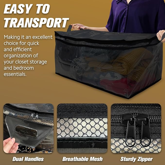 HIBAG 20 Gallon Large Storage Bag for Clothes, Zipper Clothing Storage Bag Organizer with Handles, for Comforters Blankets Pillows Bedding (Black, 2 Pack)