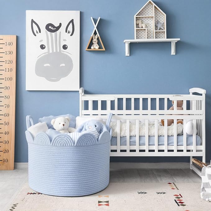 LemonRoad Blue Round Basket Large Blanket Basket 16" x 14" Scalloped Woven Baskets Cotton Storage Baskets for Nursery Classroom Closet Blankets Storage Home Decor