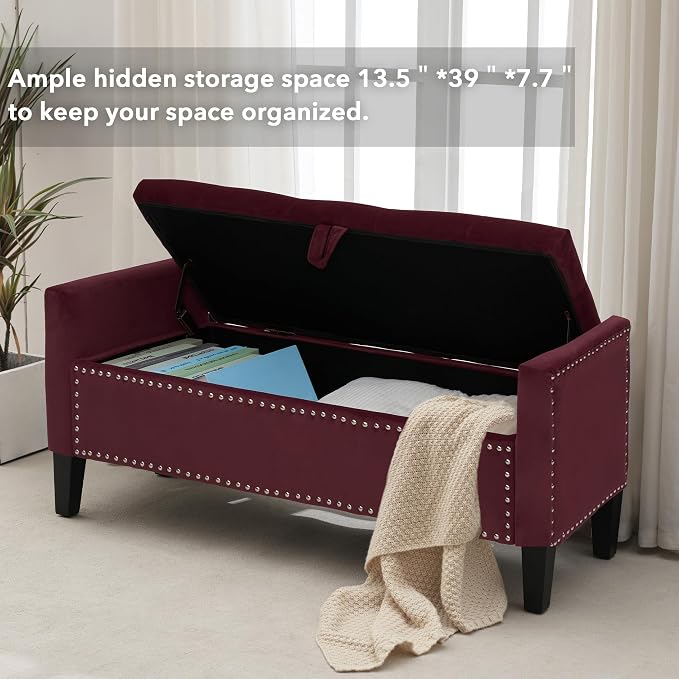 Velvet Ottoman with Storage, 46'' Upholstered Button Tufted End of Bed Bench with Arms, Modern Storage Bench for Living Room, Bedroom, Entryway, Purple