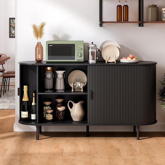 55" Sideboard Buffet Cabinet with Storage, Storage Cabinet with Sliding Door & Adjustable Shelf, Modern Accent Coffee Bar Cabinet Console Table for Kitchen, Entryway, Black
