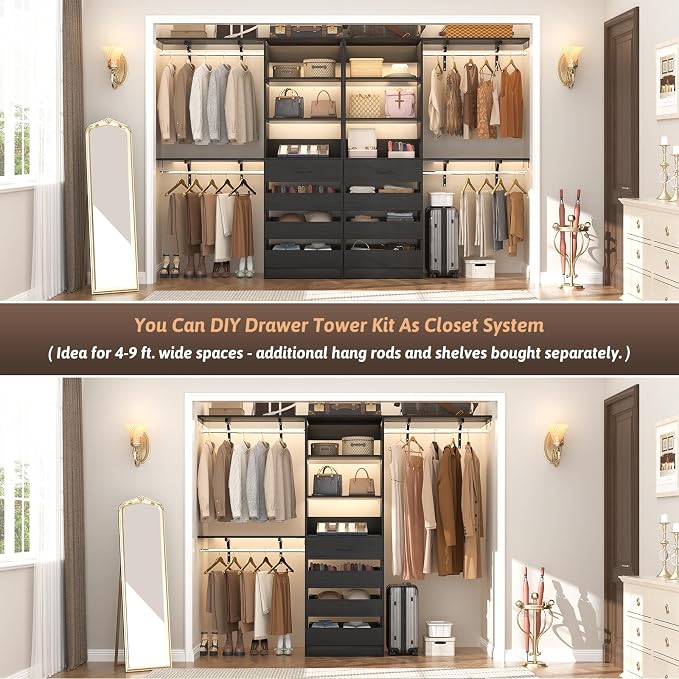 Aheaplus 21.3" Closet System with 4 Drawers, Wood Closet Organizer with Open Shelves, Modular Drawers System Tower, Walk-in Small Wardrobe Rack, Tall Storage Cabinet Unit, Black