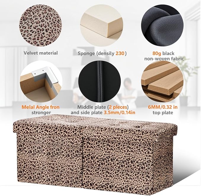 AmasSmile Footrest Ottoman Storage Bench, 34" Velvet Folding Stool,Leopard | Large Ottoman with Storage, Thicker Foam Padded Seat, Livingroom, Dorm, Bedroom, Entryway, Easy to install, 34 x 13 x 13in