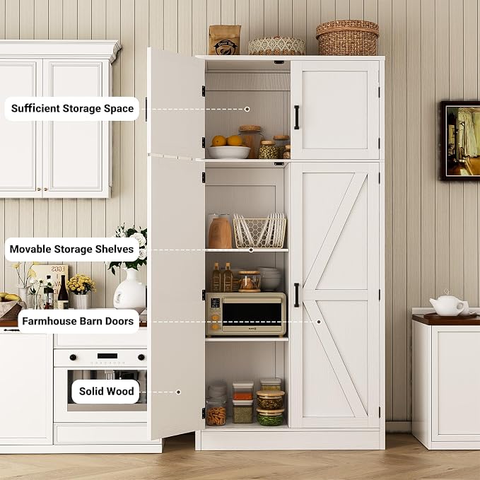 Unikito 71” Tall Kitchen Pantry Cabinet with Adjustable Shelves, 2 Pack | Large Farmhouse Storage Cabinets, Barn Doors, Sturdy and Deep, Versatile for Dinning Room, Living Room, Office, White