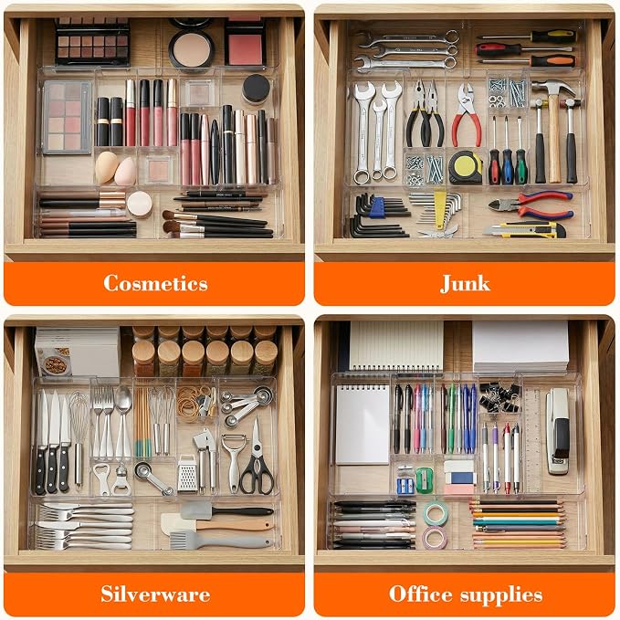 Briwooody 2 Pcs Large Expandable Acrylic Drawer Organizers, Grid Adjustable Drawer, Dividers Organizer for Desk, Makeup, Jewelry, Office, Kitchen Supplies (Clear,15 Compartments)