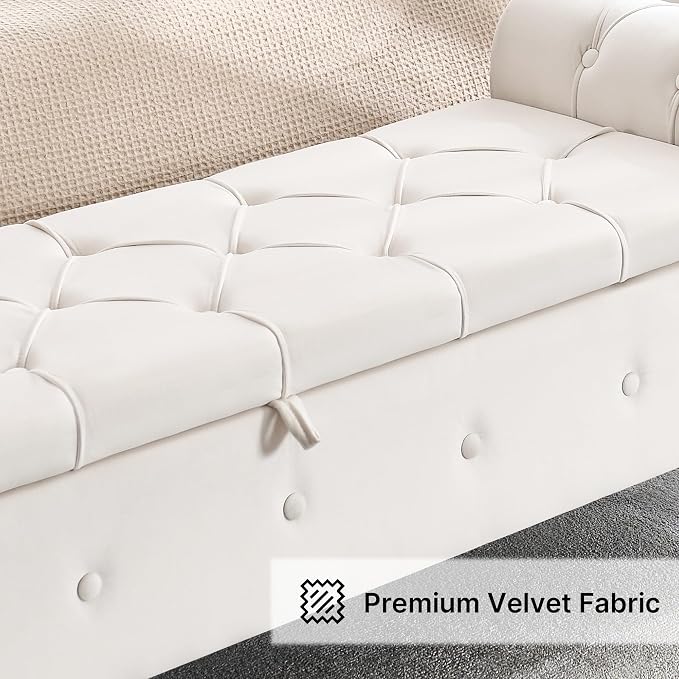 Storage Bench 67" Velvet End of Bed Benches Cream Beige | King Size Storage Bench for Bedroom with Rolled Arms Tufted Ottoman Benches Upholstered Bench for Living Room Entryway