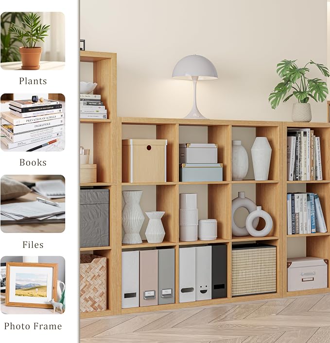 VDNEND Cube Storage Organizer Bookcase, Decorative 11 inch Open Back Cubical Shelf with Thickened Border, Display Bookshelf for Living Room, Home Office, Sturdy Room (Natural Oak, 9 Cube)