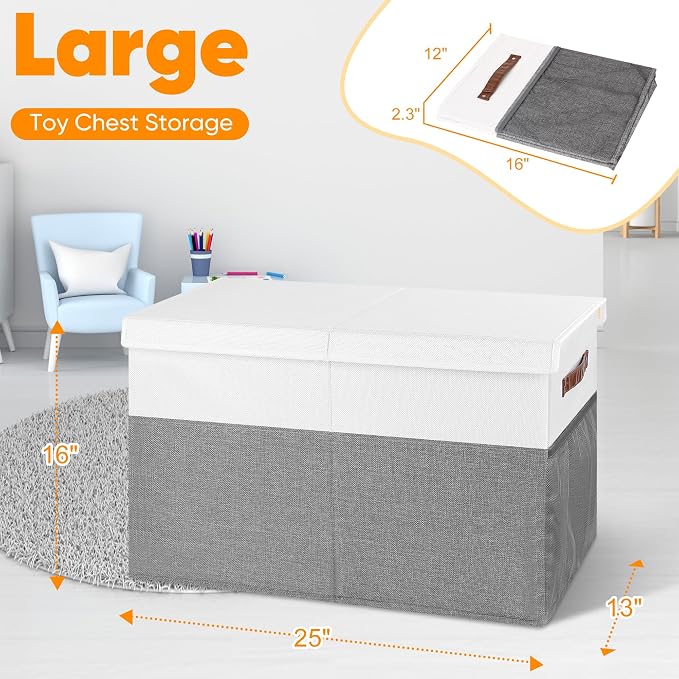 Large Toy Box, Collapsible Toy Storage Chest Bin With Lids, 25"x13"x16" | Sturdy Kids Storage Organizer with 2 Pockets and Dividers, Playroom Bedroom Nursery Organization, White & Gray