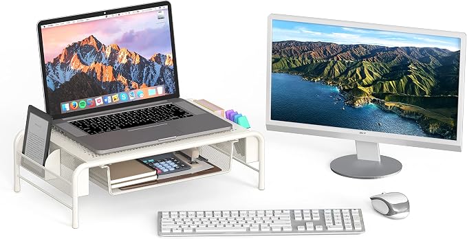 Simple Houseware Metal Desk Monitor Stand Riser w/ Organizer Drawer, White | Side Storage for Office Supplies