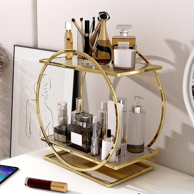 Perfume Organizer, 2-Tier Bathroom Countertop Organizer and Storage | Gold Makeup Organizer for Vanity, Counter Shelf Bathroom Accessories & Decor, Skincare Trays Perfume Holder Cosmetic Display