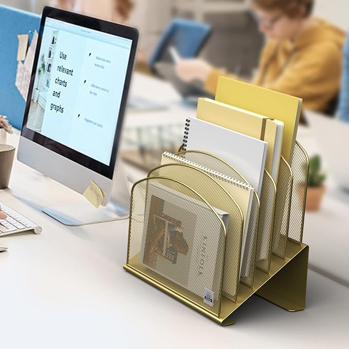 Delifox Inclined Desk File Organizer,Vertical File Folder Holder Stand Metal Rack File Sorter for Office Classroom Desktop Organization (1, Gold, 5)