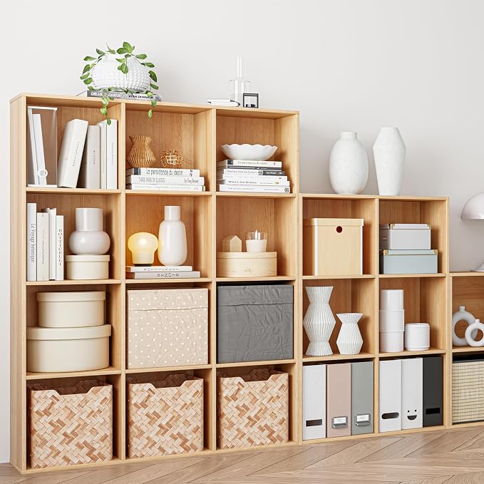 VDNEND Wooden Storage Organizer with Closed Back Panel, 11in Cube Shelf Opening, Bookshelf, Display Shelf,Closet Cabinet for Home and Office (Natural Oak, 9-Cube 35.98L*9.45W*35.91H)
