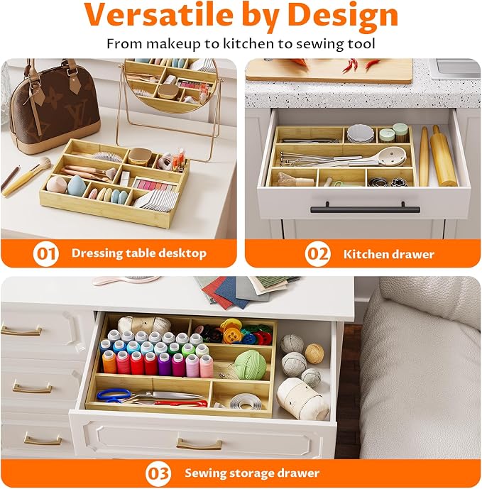 Bamboo Drawer Organizer with 9 Adjustable Compartments, Office Desk Organization Tray for Office Utensils, Supplies, Makeup, Jewelry, and More – Ideal for Desk or Drawer Storage