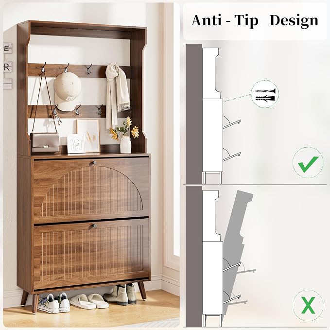 Fsbecl Shoe Cabinet for Entryway with 2 Flip Drawers & Coat Rack, Narrow Hidden Shoe Storage Cabinet with Fluted Panel, 2-in-1 Hall Tree Slim Freestanding Shoe Rack Organizer for Hallway