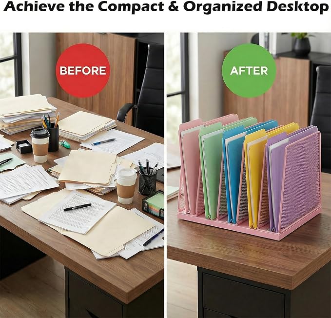 AUPSEN 5-Section File Organizer for Desk, Wood Mesh Desktop File Organizer, File Sorter Storage Rack, Vertical Folder Holder for Files, Magazines, Books (Pink)