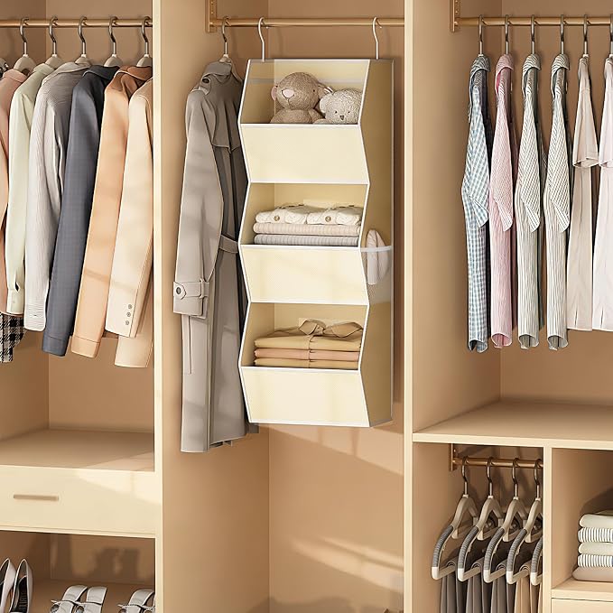 Hanging Closet Organizer 3 Shelf Collapsible Fabric Closet Organizers and Storage Hanging with Mesh Pocket for Clothes, Hanging Wardrobe Organizers and Storage for Sweater T-Shirt Shoes Toys, Beige