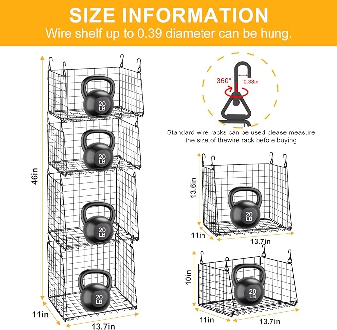 4-Pack Hanging Laundry Room Organizer:Foldable Laundry Room Organizaton Wire Basket with 360°Rotating Hooks Space Saving Over Washer and Dryer Shelves - Metal Laundry Basket Storage, Black Patent