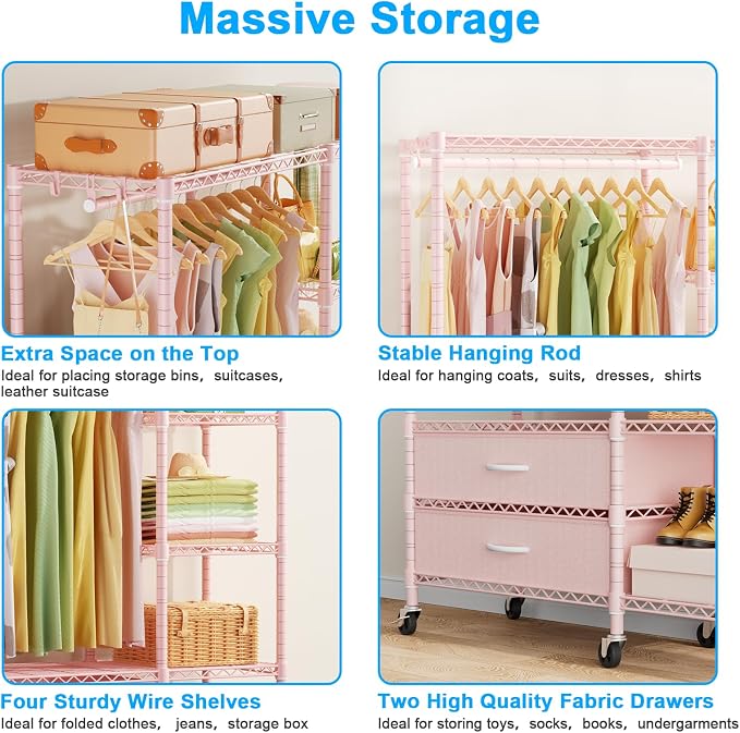 Ulif F3R Heavy Duty Clothes Rack(With Lockable Wheels)Freestanding Clothing Racks for Hanging Clothes,Adjustable Closet Organizer System,Portable Garment Rack 40"W x 15"D x 74"H,Max Load 700LBS,Pink