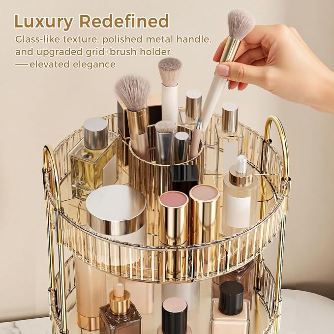 360° Rotating Makeup Organizer, Large-Capacity Skincare Make Up Storage 3 Tier Perfume Organizers Cosmetic Dresser Organizer with Makeup Brush Holder, Fits Bedroom, Bathroom, Vanity Shelf Countertop