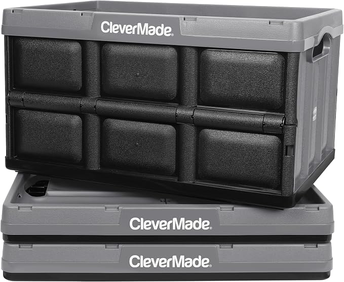 CleverMade Collapsible Storage Bins, 46L, 3 Pack, Stone | Each bin supports 75 lb for groceries, tools, or gear. Interlocking bases stack securely, and the bins fold to 2.75 inches.