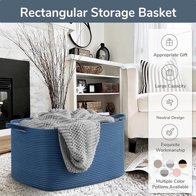Goodpick Large Cotton Rope Blanket Basket, Rectangle Organizer, Dark Blue | 21.6 x 14.9 x 11.8 in, Reinforced Handles, Living Room, Bedroom & Nursery Organization, Blankets, Towels & Toys Storage