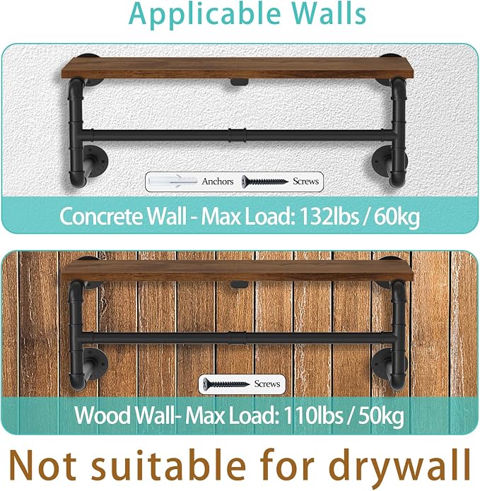 Yawinhe Industrial Pipe Clothing Rack with Shelves,Closet Rod,Rustic Brown | Heavy Duty Detachable Multi Purpose Hanging Rod ;Wall Mounted Rod;Clothing Garment Rail for Homes;Saving Space Clothes Bar