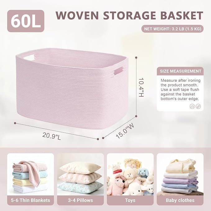 60L Woven Laundry Basket Hamper with Handles, Pink | collapsible wicker hamper, storage for dirty clothes, toys, blankets, gifts, living room, bedroom, bathroom, 21"x15"x11"