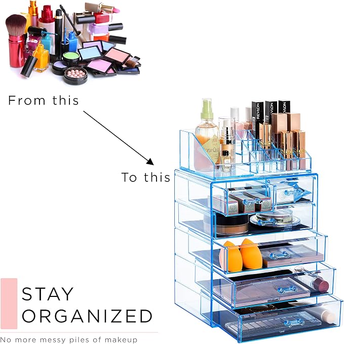 Sorbus Acrylic Makeup Organizer Set, 6-Drawer Vanity & Countertop Cosmetic Storage with Small & Wide Compartments, Blue Brilliance Makeup Storage for Brushes, Jewelry – Holiday Gift for Women & Teens