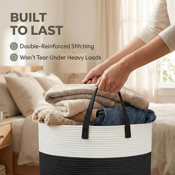 JMvicyroam 65L Extra Large Machine Washable Cotton Rope Blanket Basket | Collapsible laundry hamper, Reinforced handles, For blankets, pillows, toys and clothes, Living room and bedroom, White&Black