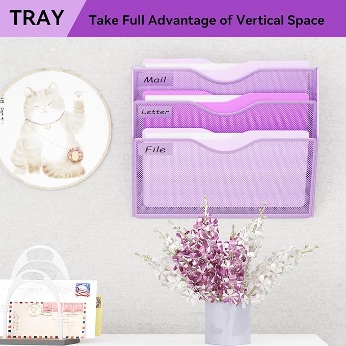 3 Pockets Hanging Wall File Organizer Mail Holder, Wall Mounted Paper Document Folder Holder, Clipboard Storage Organization Magazine Rack, Light Purple