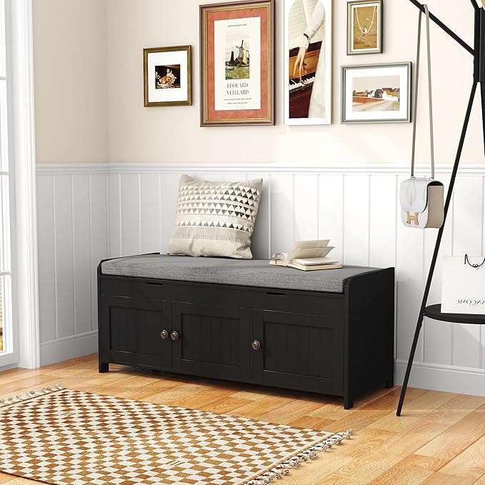 HOMEFORT 41.3" Shoe Bench with Lift Top Storage, Entryway Bench with Cushioned Seat, Wooden End of Bed Bench, Shoe Cabinet Bench with Hidden Storage Space, for Bedroom, Hallway,Black