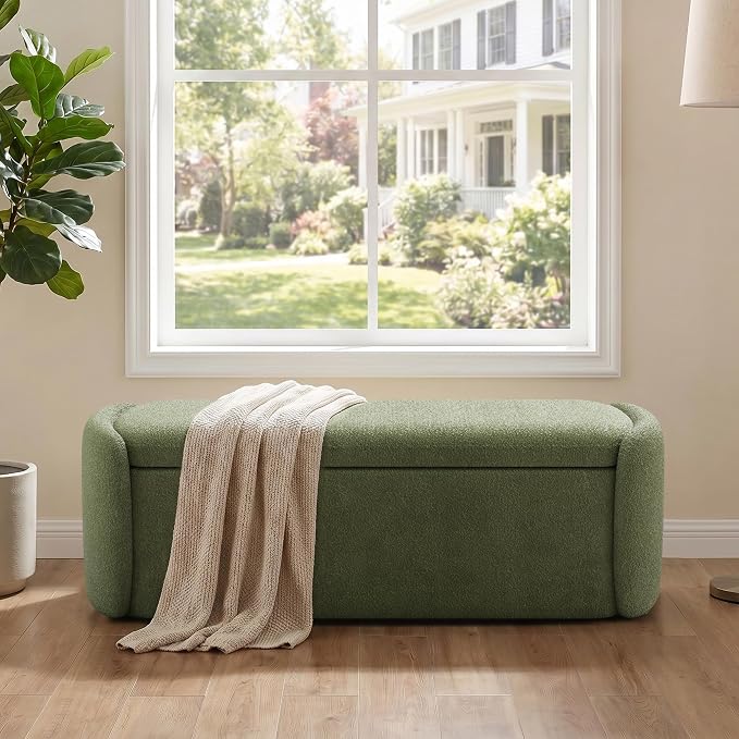 VKNOW Storage Bench, Upholstered Storage Ottoman Bench with Hinge, Green | Ottoman Bench with Large Capacity, Curved Frame, King Size Bench, Storage Bench for Bedroom, Living Room, Entryway, Window