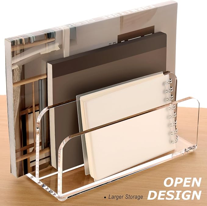 SANRUI Acrylic Mail Sorter Desktop Organizer Holder, 2 Compartments Clear | Small File Script Letter Office Document Storage for Desk Bill Filling Envelope Holder Office, Home, School Desk Organization