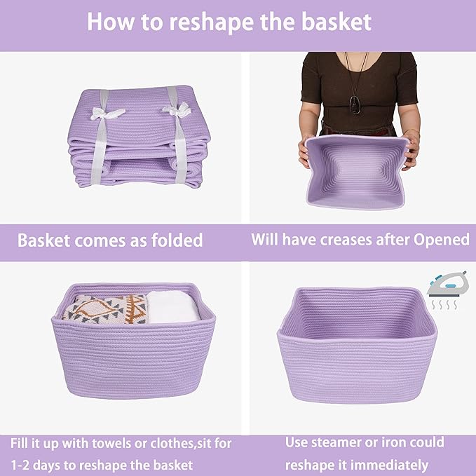 XUANGUO Woven Cotton Rope Storage Baskets 15x10x9.3" 3 Pack Purple Lavender | Decorative rectangular storage baskets for shelves and closets; storage bins organize clothes, toys, books and nursery items.