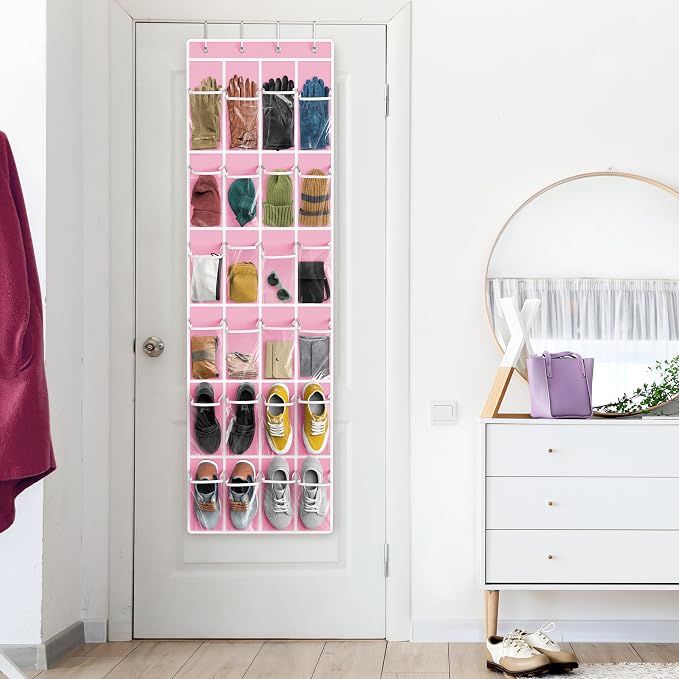 Simple Houseware 24 Pockets Clear Over the Door Shoe Organizer, Pink | 64" x 19", 4 Durable Metal Hooks, 4.3" x 9.5" Pocket Size, Multipurpose