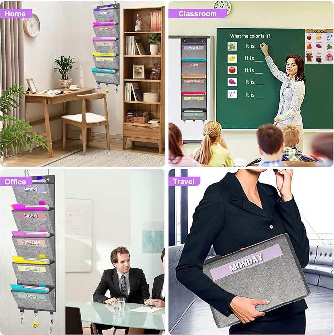 Over the Door hanging File Organizer, Weekly Hanging File Folders, Wall Organizers and Storage for Mail, Magazine, Notebooks, Office, Classroom, 5 Large Pockets, 50.39” Tall, Grey
