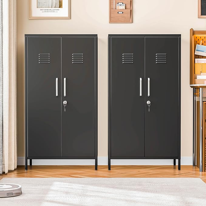 PAOFIN 47" Metal Storage Locker, Lockable Employees Metal Locker with 2 Door and Adjustable Shelves, Steel Locker for Home, School, Office, Gym (Black)