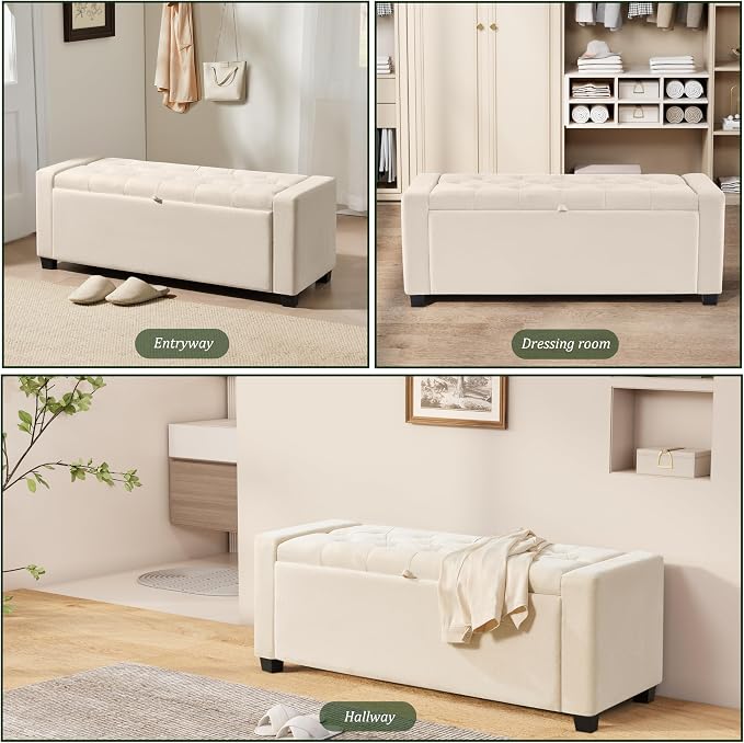 Royal Windsor Ottoman with Storage,Tufted Storage Bench with Safety Hinge,Holds up to 350 lb,Upholstered Bench with Seating for Bedroom, Living Room,Entryway,Linen Beige
