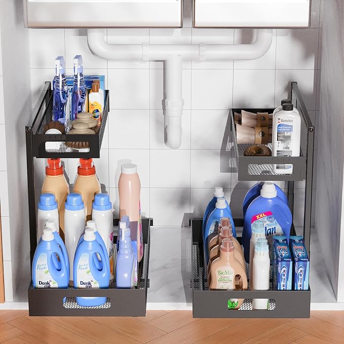 TISTAYA Under Sink Organizer, Silk-Smooth Metal Sliding Drawer Organizers and Storage Rack, Pull Out Cabinet Shelf for Kitchen, Bathroom, Pantry, Cabinet, Closet