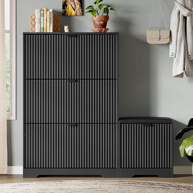 Xixini Shoe Storage Cabinet for Entryway with 3 Flip Drawers & Bench, Slim Wood Shoe Organizer with Modern Fluted Panel, Freestanding Narrow Shoe Rack for Front Door Entrance, Hallway, Foyer, Black