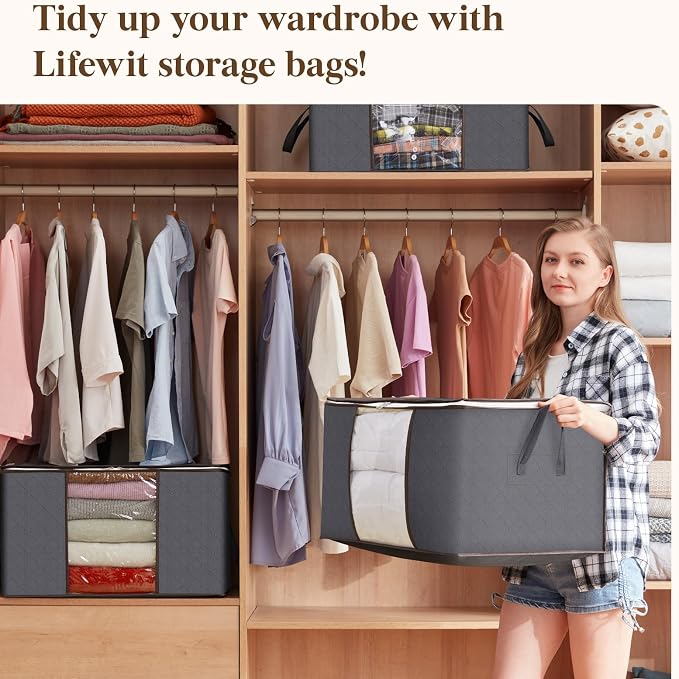 Lifewit 4 Pack 90L Clothes Storage Bins with Lids, Foldable Blanket Storage Bags with Zippers, Clear Window and Reinforced Handles, Closet and Organization for Clothing, Sweater, Comforter, Bedding