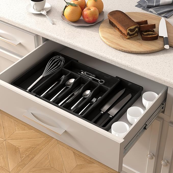 Lifewit Extra Large Silverware Drawer Organizer, Expandable Utensil Tray for Kitchen, BPA Free Flatware and Cutlery Holder, Adjustable Plastic Storage for Spoons Forks Knives, 13-22 x 15, Black