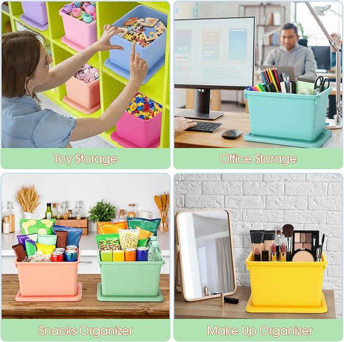 Potchen 8 Pack Small Stackable Storage Bins with Lids Plastic Storage Boxes for Classroom 9.8" ×7.3" ×5.7" Decorative Organizer Bins for Craft Art Office Teacher Supplies (Mixed Color)