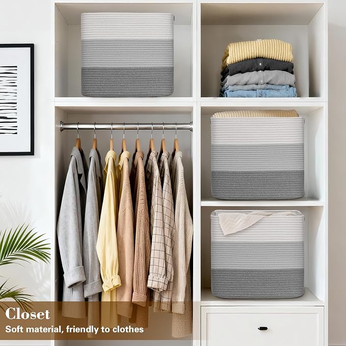 15×13 Inch Storage Cubes, 3 Pack Cube Storage Bins for Organizing, Cotton Rope Woven Baskets for Shelves, Bathroom, Kids Room, Closets, Baby Nursery