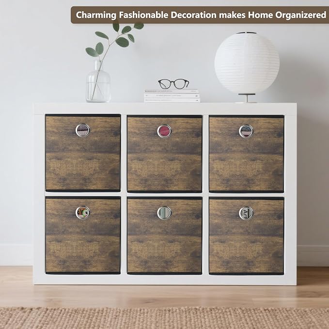 4 Pack Durable Storage Cube Bins with Wood Grain,Thickened Fabric Box,Storage Baskets for Open Shelf,Bookcase,Closet,Storeroom,Bedroom,Living Room,Nursery,Office,Dorm, 10.2x10.2x11in (Small)