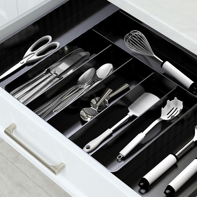 Simple Houseware Expandable Kitchen Drawer Flatware Organizer, Black | Expandable Kitchen Drawer Flatware Organizer, Black – Adjustable Cutlery Tray with 9 Compartments for Utensils and Silverware