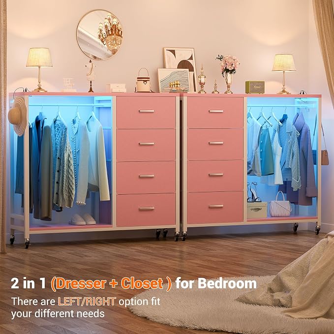 Cyclysio Storage Clothes Rack with 4 Drawers, Garment Rack with Charging Station & LED Lights, Fabric Chest Shelves Clothing Rack, Wooden Portable Wardrobe Closet