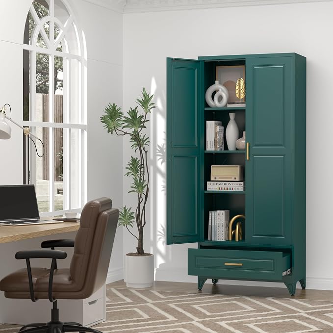 UNICOLY 75" Kitchen Pantry Cabinet,Metal Storage Cabinet with Drawer, | Tall Storage Cabinet with Doors and 4 Shelves,for Kitchens, Living Room, Dinning Room, Assembly Required, Green
