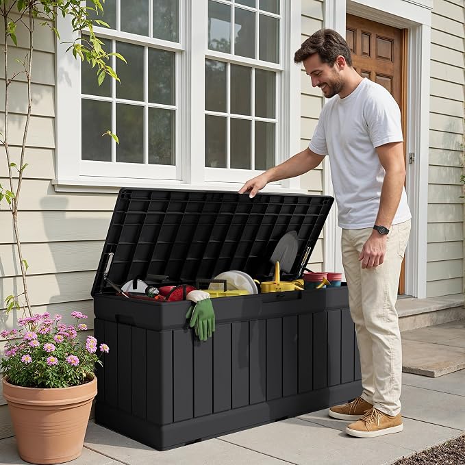 Devoko 78 Gallon Deck Box, Waterproof Resin Outdoor Storage Box | Outdoor Storage Bench Lockable for Outside and Patio Furniture, Garden Tools and Pool Supplies