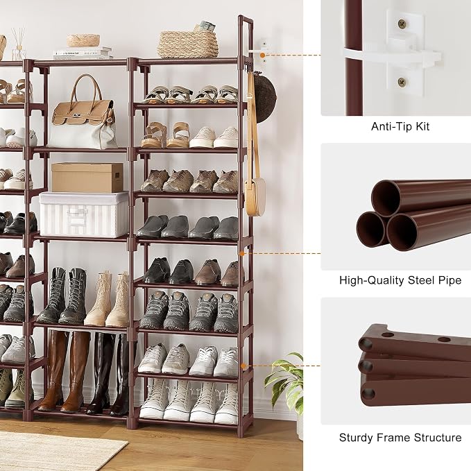 WOWLIVE 9 Tier 3-Column Shoe Rack, 50-55 Pairs Stackable Brown | 50in long for larger entryways. Removable shelves fit tall boots. Split into multiple units for garage/closet.