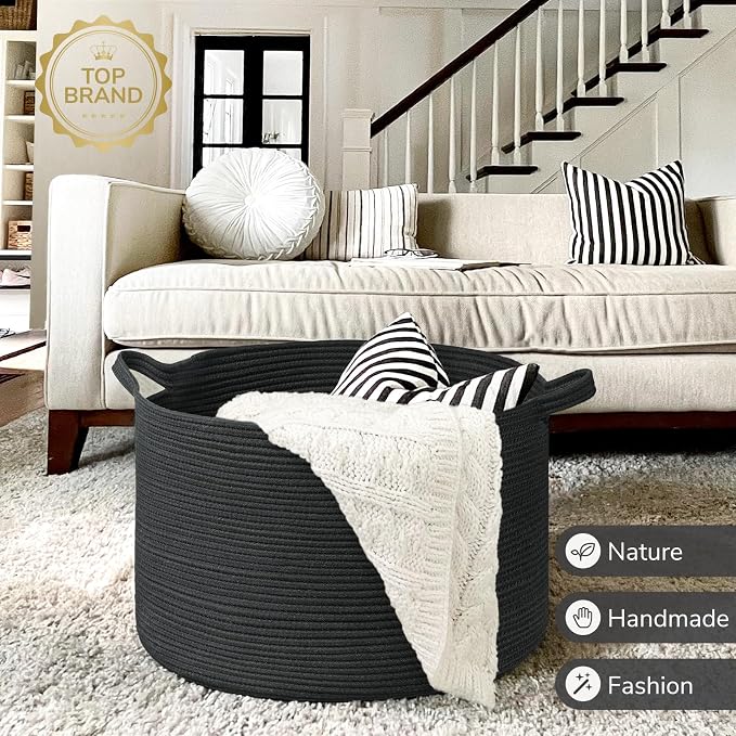 INDRESSME XXXLarge Woven Rope Blanket Basket Living Room Black, 90L | 21.7" x 13.8" Storage baskets for toys laundry & pillows. Fits living room, bedroom or nursery décor. Soft-touch with handles